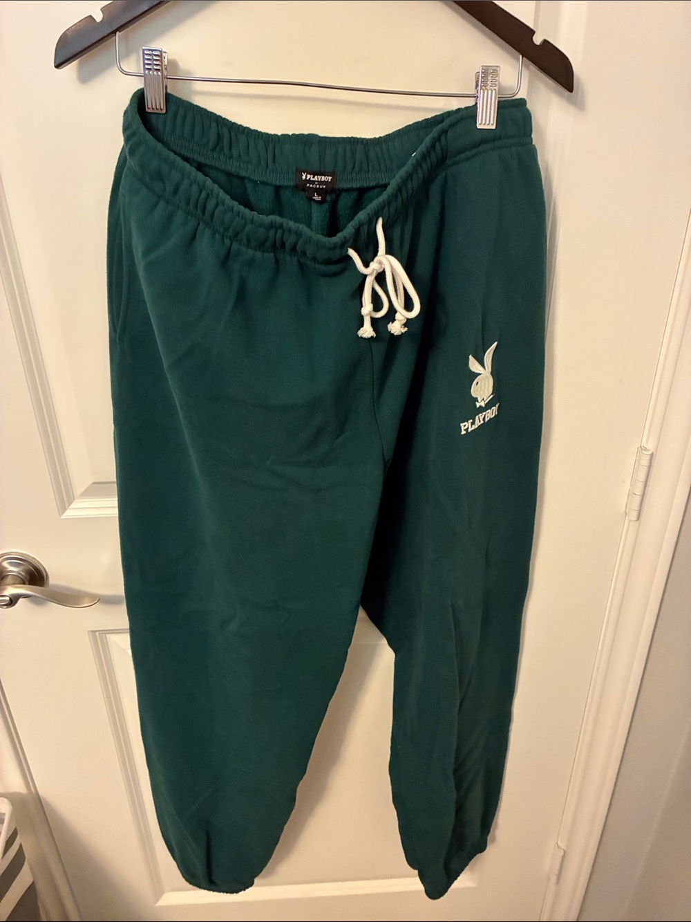 PLAYBOY Dark Green Fleece Joggers with White Drawstring
